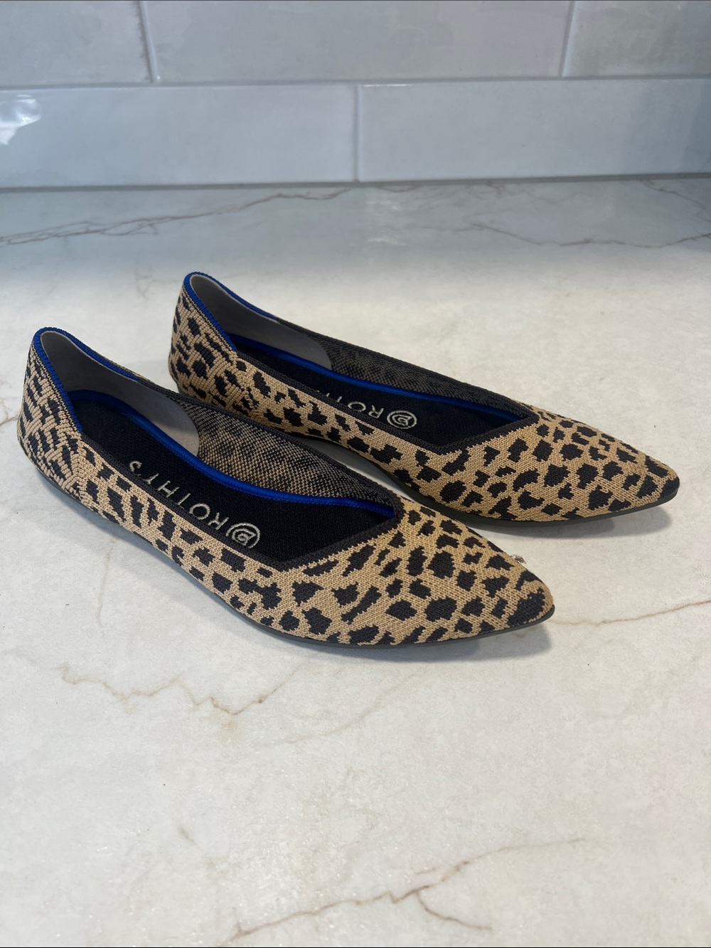 Rothy's Leopard Print Pointed Toe Flats in Tan and Black
